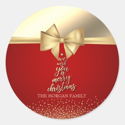 We Wish You A Merry Christmas Gold Bow Dots Classic Round Sticker