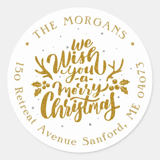 We Wish You A Merry Christmas Gold Holiday Address Classic Round Sticker