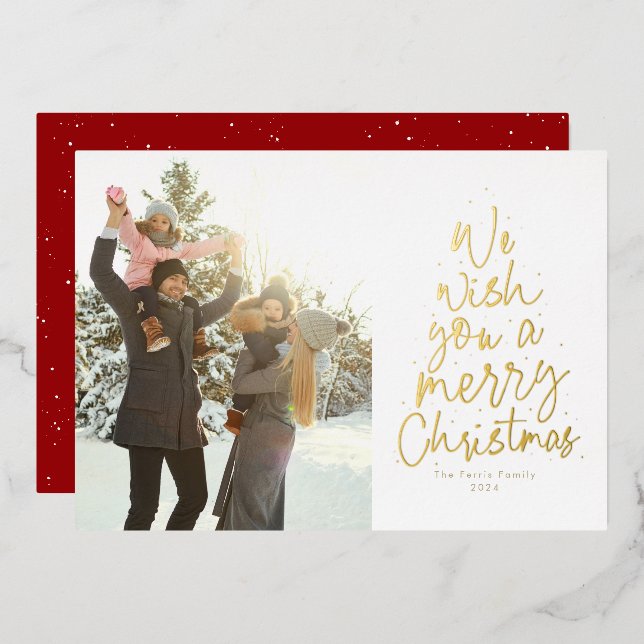 We wish you a Merry Christmas gold red photo Foil Holiday Card (Front/Back)