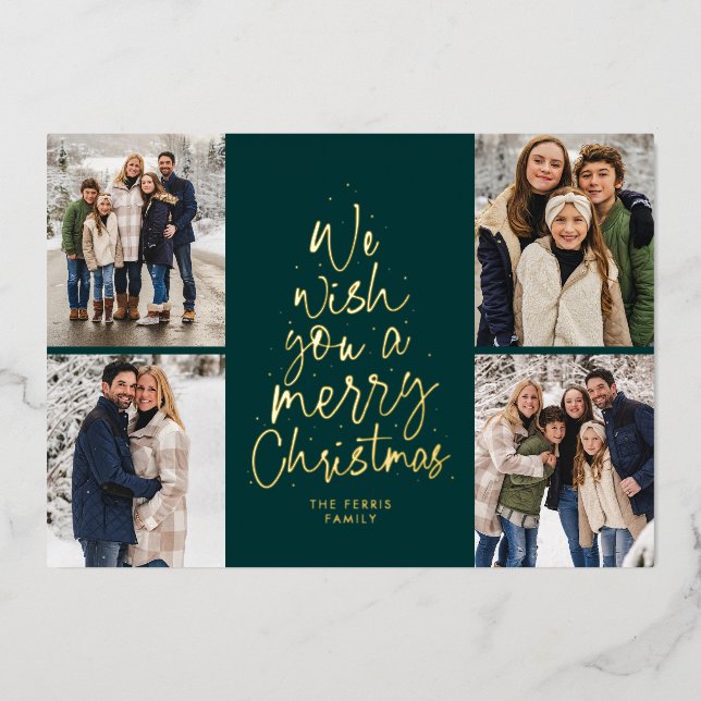 We wish you a Merry Christmas green four photo Foil Holiday Card (Front)