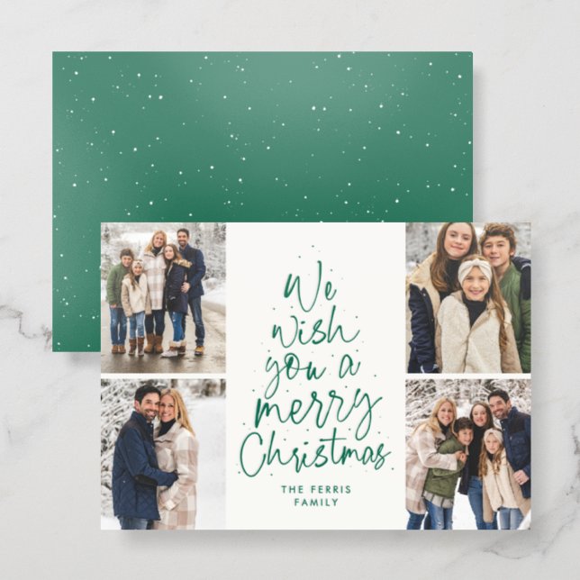 We wish you a merry Christmas green four photo Letterpress Photo Cards (Front/Back)