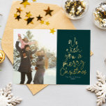 We wish you a Merry Christmas green fun type photo Foil Holiday Card<br><div class="desc">We wish you a Merry Christmas! This holiday photo card features a classic message in a fun Christmas tree shape on a rich green background. With a photo on the front and one on the back, it's a great way to send Christmas cheer to friends and family. The playful type...</div>