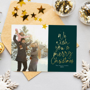 We wish you a Merry Christmas green fun type photo Foil Holiday Card