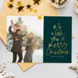 We wish you a Merry Christmas green fun type photo Foil Holiday Card<br><div class="desc">We wish you a Merry Christmas! This holiday photo card features a classic message in a fun Christmas tree shape on a rich green background. With a photo on the front and one on the back, it's a great way to send Christmas cheer to friends and family. The playful type...</div>