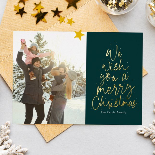 We wish you a Merry Christmas green fun type photo Foil Holiday Card (Creator Uploaded)