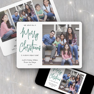 We Wish You a Merry Christmas Green Script 4 Photo Holiday Card