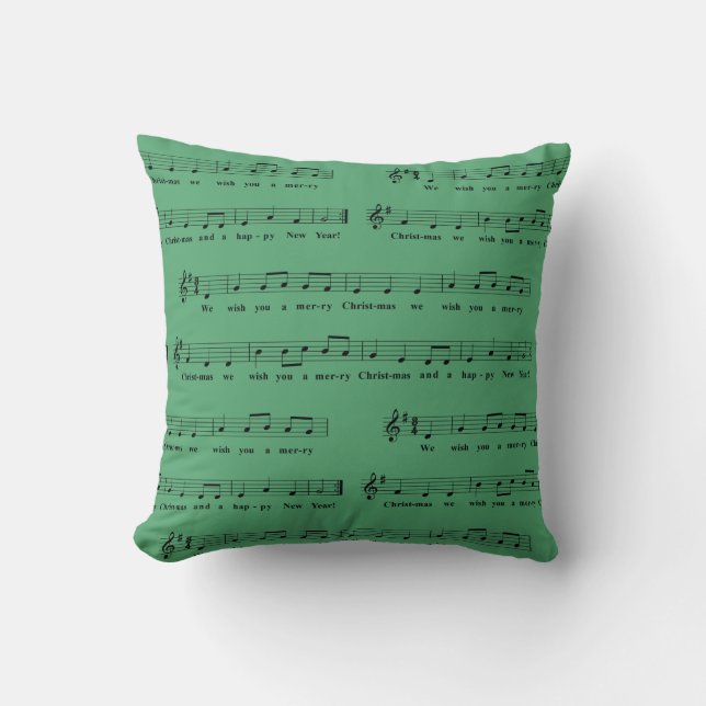 We Wish You a Merry Christmas Musical Green Throw Pillow (Front)