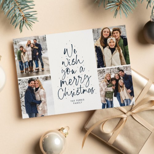 We wish you a merry Christmas navy four photo Holiday Card