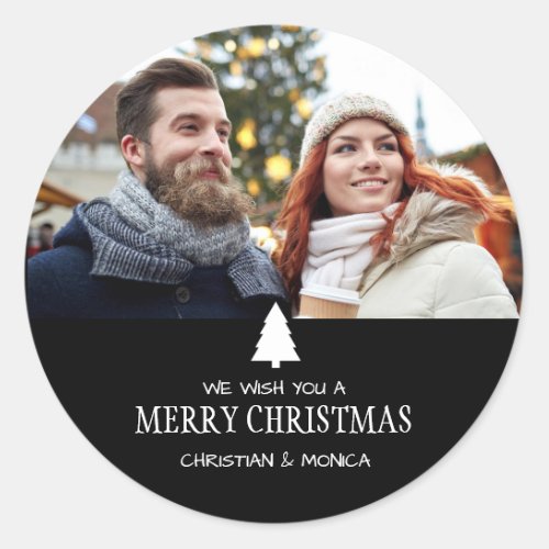 We Wish You a Merry Christmas Pine Tree Photo Classic Round Sticker