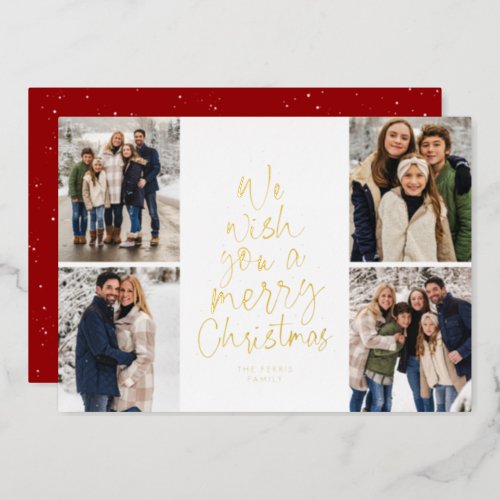 We wish you a Merry Christmas red gold four photo Foil Holiday Card