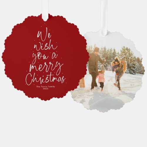 We wish you a merry Christmas red one photo Ornament Card
