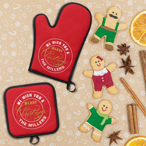 We Wish You a Merry Christmas Red Oven Mitt  Pot Holder Set
