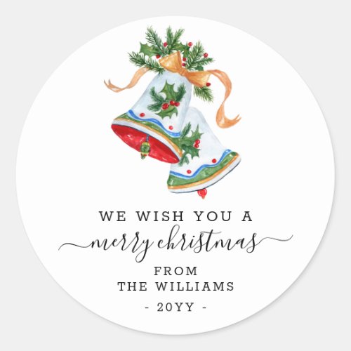 We Wish You a Merry Christmas Script Bells Custom Classic Round Sticker