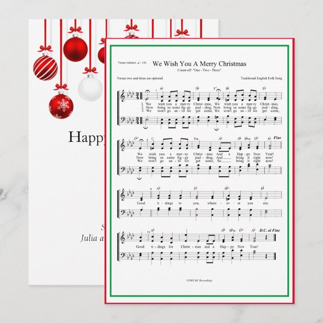 We Wish You A Merry Christmas Sheet Music Holiday Card (Front/Back)