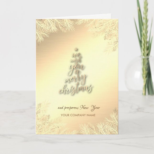 We Wish You A Merry Christmas Tree Branches Gold Holiday Card (Front)