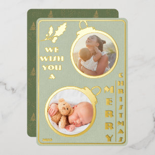 We Wish You a Merry Christmas Two Photo Unique Foil Holiday Card