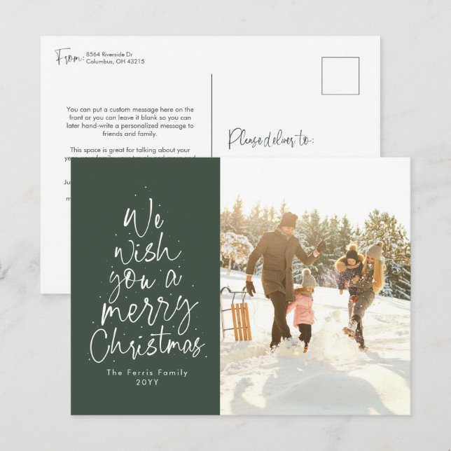 We wish you a Merry Christmas type green photo Holiday Postcard (Front/Back)
