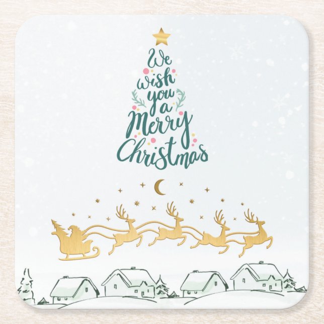 We Wish you a Merry Christmas Typography Tree Square Paper Coaster (Front)