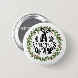 We Wish You a Merry Christmas Watercolor Wreath Button