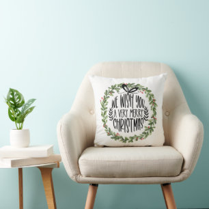 We Wish You a Merry Christmas Watercolor Wreath Throw Pillow