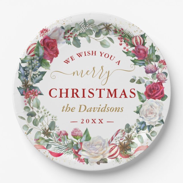 We Wish You A Merry Christmas Wreath Monogram  Fav Paper Plates (Front)