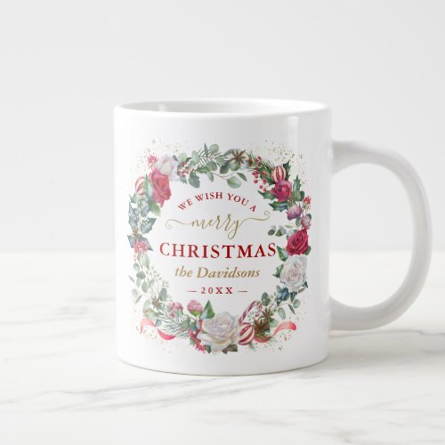 We Wish You A Merry Christmas Wreath Monogram  Giant Coffee Mug