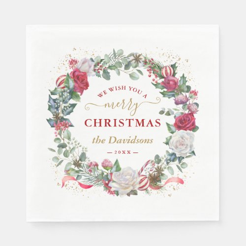 We Wish You A Merry Christmas Wreath Monogram Napkins