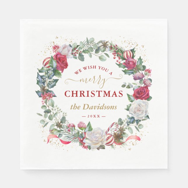 We Wish You A Merry Christmas Wreath Monogram Napkins (Front)