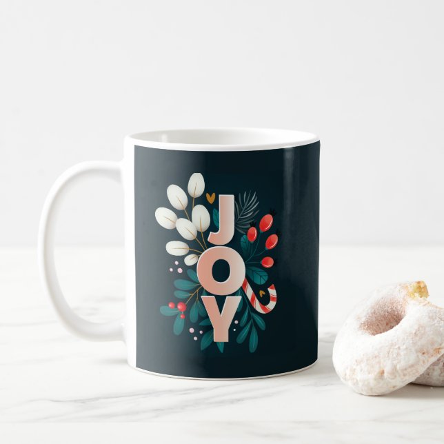 We Wish You JOY, Christmas Candy Cane & Foliage Coffee Mug (With Donut)