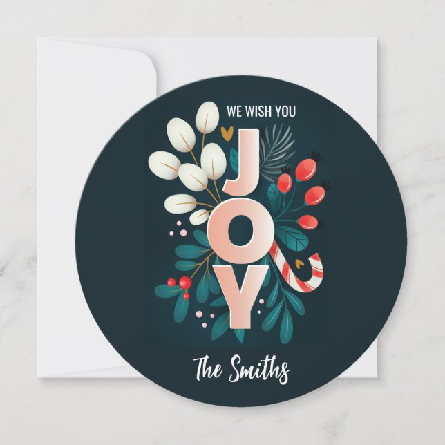 We Wish You JOY, Christmas Candy Cane & Foliage Holiday Card (Front)