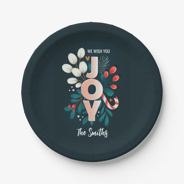We Wish You JOY, Christmas Candy Cane & Foliage Paper Plates (Front)