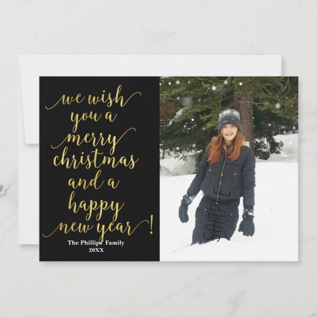We Wish You Merry Christmas Black Gold Photo Card (Front)