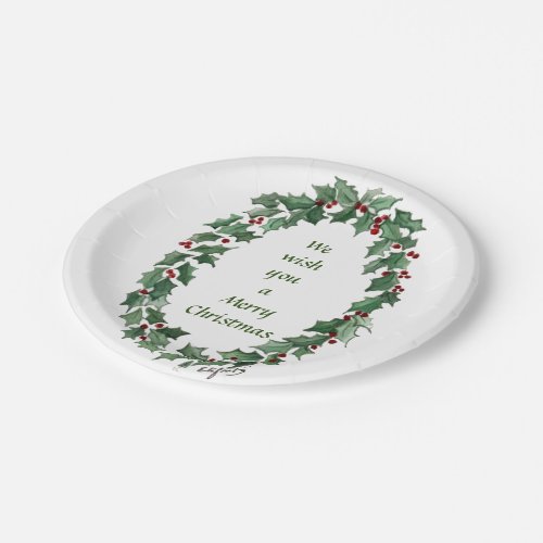 We Wish You Traditional Holly Wreath Paper Plates