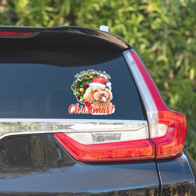 We Woof You Merry Christmas Apricot Color Poodle Sticker (Car Side)