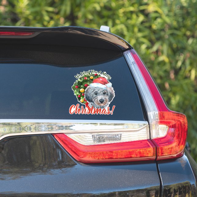 We Woof You Merry Christmas Grey Poodle Sticker (Car Side)
