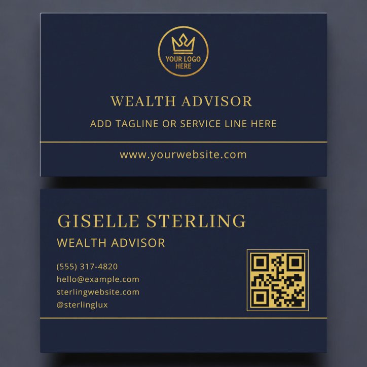 Wealth Advisor Blue Gold Logo QR Code Business Card