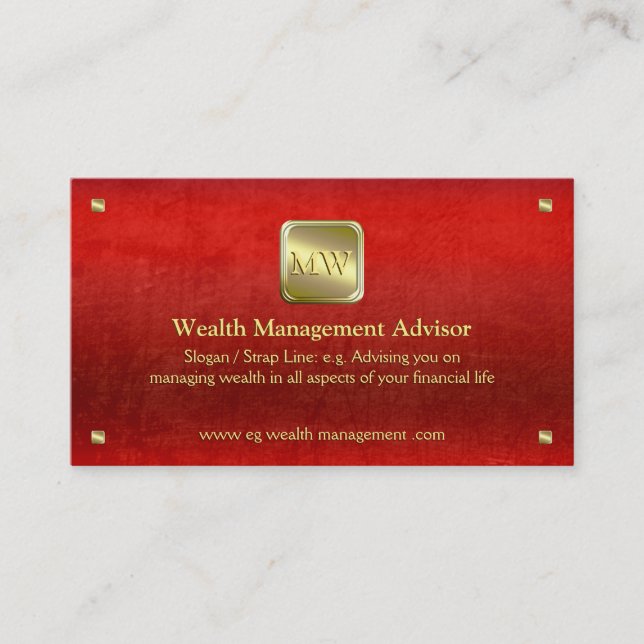 Wealth Advisor, Gold nameplate, red leather-look Business Card (Front)