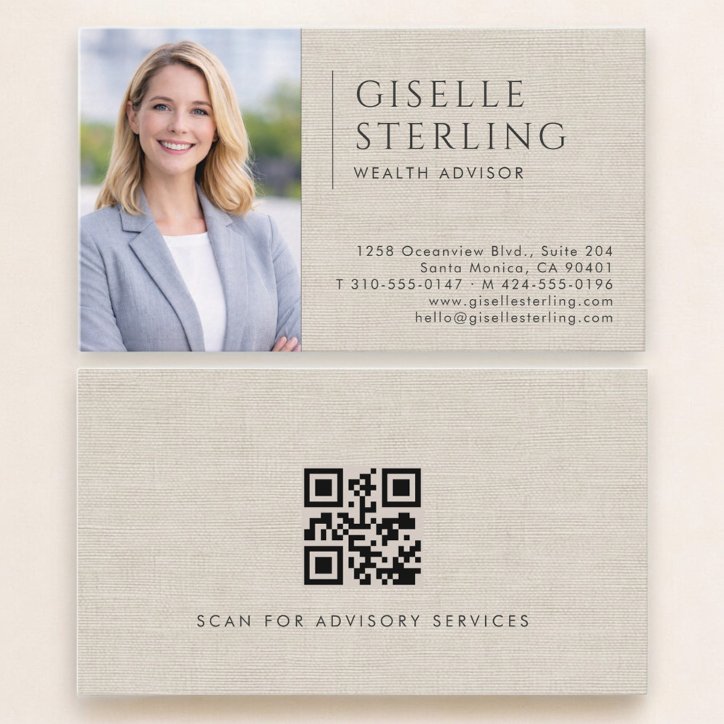 Wealth Advisor Linen Photo QR Code Business Card