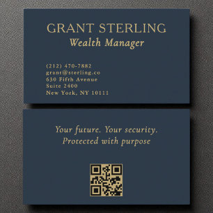 Wealth Manager Minimalist Navy Blue Gold QR Code Business Card