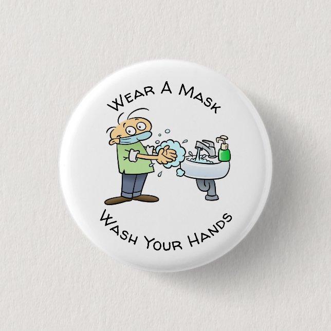 Wear A Mask And Wash Your Hands Hygiene Cartoon Button (Front)