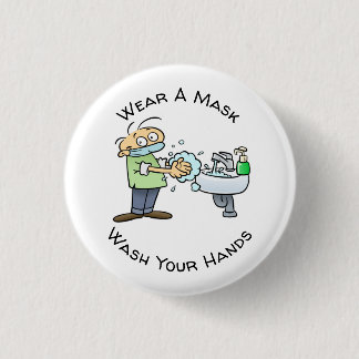 Wear A Mask And Wash Your Hands Hygiene Cartoon Button