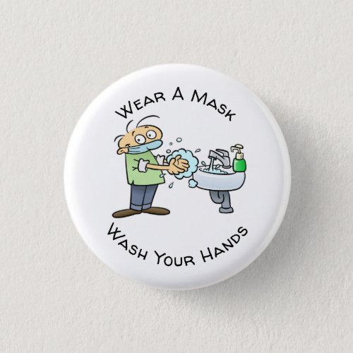 Wear A Mask And Wash Your Hands Hygiene Cartoon Button