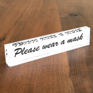 Wear a mask, black and white elegant script desk name plate