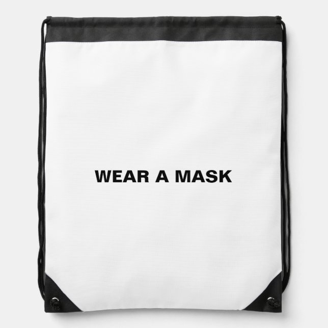 Wear a mask, black white minimalist drawstring bag (Front)