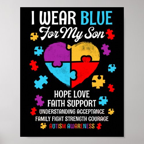 Wear Blue For My Son Autism Awareness Puzzle Heart Poster