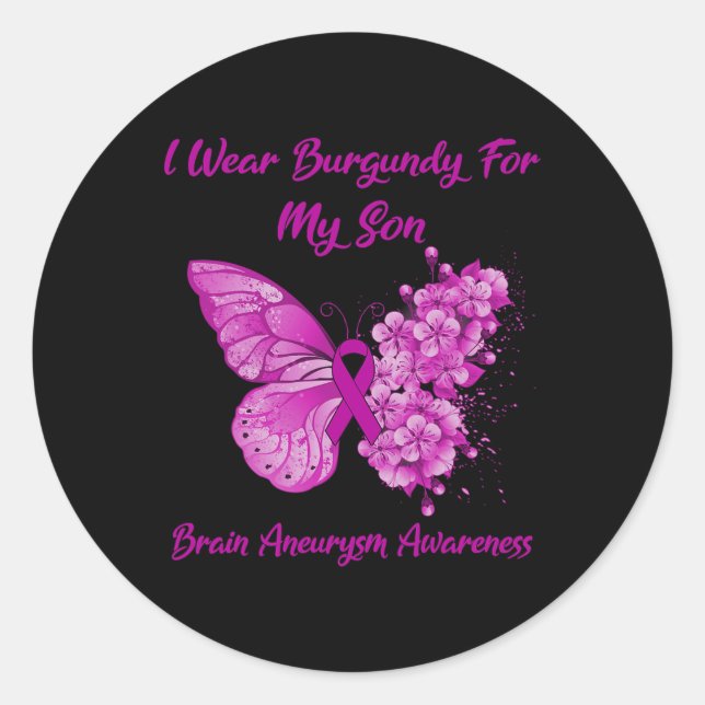 Wear Burgundy For My Son Brain Aneurysm Awareness  Classic Round Sticker (Front)