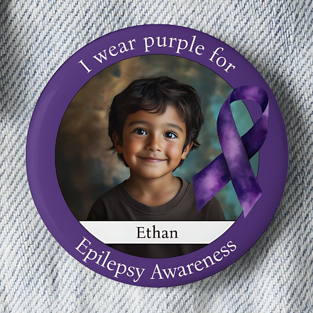 Wear Purple for Epilepsy Awareness Photo Button (I wear purple for Epilepsy Awareness purple ribbon photo pinback button.)