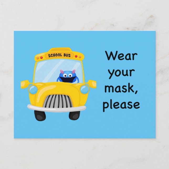 Wear Your Mask Please Monster Driving School Bus Postcard (Front)