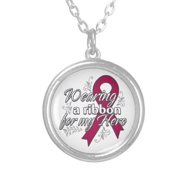 Wearing a Burgundy Ribbon For My Hero Silver Plated Necklace (Front)