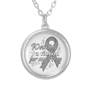Wearing a Gray Awareness Ribbon For My Hero Silver Plated Necklace